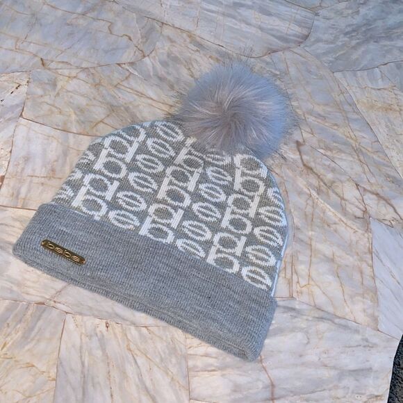 BEBE  Hat ‎ Gray/White with Logo Beanie Pom Ski One Size main image 9